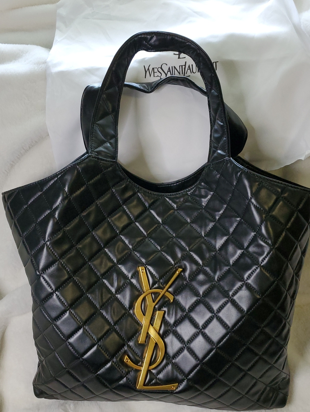 Ysl Black Quilted Tote with Gold YSL Logo